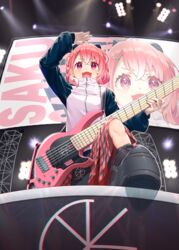  :d absurdres arm_up bad_id bad_pixiv_id bass_guitar black_footwear blush dingwall_guitars earrings female foreshortening full_body guitaro_(yabasaki_taro) hair_ornament hairclip highres instrument jacket jewelry long_sleeves looking_at_viewer nijisanji oerba_yun_fang open_mouth pink_eyes pink_hair plaid plaid_skirt red_skirt sasaki_saku short_hair skirt smile solo spotlight stage television virtual_youtuber zipper 