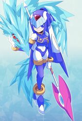  android bad_id bad_twitter_id blue_eyes creature crop_top extra_eyes fairy_leviathan_(mega_man) female highres holding holding_polearm holding_weapon looking_up mega_man_(series) mega_man_zero_(series) omeehayo polearm red_eyes robot solo spear weapon 