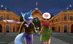  ambiguous_gender blue_body blue_fur brown_body brown_fur canid canine clothed clothing crosswalk danish_flag denmark duo fox fully_clothed fur hand_holding humanoid league_of_legends male male/male mammal night outside riot_games street street_lamp tencent teoleif tivoli_(denmark) window yordle 