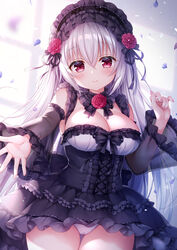  bare_shoulders black_bow black_dress black_hairband black_ribbon blurry blurry_background blush bow breasts cameltoe cleavage closed_mouth commentary_request depth_of_field detached_sleeves dress female flower frilled_dress frills hair_between_eyes hair_flower hair_ornament hairband kyuketsuki-chan_(mitsuba_choco) long_hair long_sleeves medium_breasts mitsuba_choco original outstretched_arm panties petals red_eyes red_flower red_rose ribbon rose see-through see-through_sleeves sleeveless sleeveless_dress sleeves_past_wrists smile solo underwear very_long_hair white_hair white_panties wide_sleeves window 