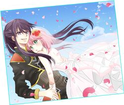  1boy black_hair blush bridal_veil dress estellise_sidos_heurassein female flower green_eyes hair_flower hair_ornament long_hair noahsa-ark official_alternate_costume open_mouth petals pink_hair purple_eyes short_hair smirk tales_of_(series) tales_of_vesperia v-neck veil wedding_dress yuri_lowell yuri_lowell_(true_knight) 