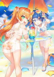  2girls :d ahoge amiami_(company) amico arm_up ass ball beach beach_umbrella beachball bikini blue_eyes blue_hair blue_sky blush breasts cloud cloudy_sky collarbone commentary_request crossed_bangs detached_collar drinking_straw eyelashes eyewear_on_head feet_out_of_frame from_behind full_body green_eyes hair_ornament hair_scrunchie henreader highres kneepits leaning_forward legs lilco logo_hair_ornament long_hair looking_at_viewer looking_back medium_breasts multiple_girls navel off-shoulder_bikini off_shoulder official_art open_mouth orange_hair outdoors print_bikini sailor_collar sandals scrunchie see-through shiny_skin sidelocks sky smile starfish striped_bikini striped_clothes swimsuit table teeth thighs toes twintails two_side_up umbrella upper_teeth_only water 