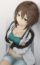  alternate_costume aqua_shirt blue_eyes blush breasts brown_hair cleavage closed_mouth crossed_arms female gradient_background hair_between_eyes hair_ornament hairclip highres kantai_collection large_breasts looking_at_viewer looking_up maya_(kancolle) midriff_peek shirt short_hair short_shorts shorts terebi- x_hair_ornament 