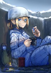  absurdres blonde_hair blue_eyes breasts canteen coffee coffee_grinder cup dirty dirty_face drugs erica_(naze1940) expressionless female gisela_koch helmet highres jacket looking_at_viewer methamphetamine military original pervitin pill ponytail portable_stove shell_casing sitting snow solo trench world_war_ii 