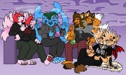  2_heads 2_tails 3_eyes 3_legs 3_toes 4_arms 4_toes 5:3 5_toes alien anthro barefoot bong boop bottomwear breasts canid canine cannibal_corpse claws clothing cloven_hooves collar dicephalic_twins drugs feet feline_demon female fox furniture group hand_holding hoodie hooves horn korn lighter mammal marijuana metallicumbrage multi_arm multi_eye multi_head multi_leg multi_limb multi_tail multi_wing multifur nose_boop pants pawpads pencil_(object) pink_pawpads plantigrade sandwitchsenpai shirt sitting smoking sofa soles t-shirt tail toes topwear wings 