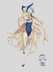  absurdres animal_ears blonde_hair blue_archive blue_halo blue_leotard bow breasts detached_collar doodle_sensei_(blue_archive) fake_animal_ears female halo highleg highleg_leotard highres leotard long_hair medium_breasts official_alternate_costume playboy_bunny rabbit_ears sensei_(blue_archive) strapless strapless_leotard thighhighs toki_(blue_archive) toki_(bunny)_(blue_archive) toto_(caaaaarrot) v very_long_hair white_thighhighs wrist_cuffs 