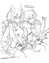  2girls animal_ears arknights commentary_request fur-trimmed_jacket fur_trim greyscale hair_between_eyes hair_ornament hairclip halo highres horns jacket lappland_(arknights) lightning_crotch_(meme) long_hair long_sleeves meme mirui monochrome mostima_(arknights) multiple_girls scar scar_across_eye scar_on_face smile tail tail_wagging wolf_ears 