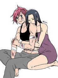  2girls arcane:_league_of_legends asymmetrical_hair bandage_on_face bandaged_arm bandages bare_legs biceps black_hair black_sports_bra bruise bruise_on_face caitlyn_(league_of_legends) facial_tattoo highres hug hug_from_behind injury league_of_legends multiple_girls murata_(igaratara) muscular muscular_female nightgown pants pink_hair sidecut simple_background sports_bra sweatpants tattoo undercut vi_(league_of_legends) yuri 