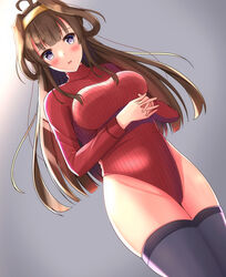  alternate_costume blush breasts brown_hair double_bun female gradient_background groin hair_between_eyes hair_bun hair_ornament hairband headgear heattech_leotard highleg highleg_leotard highres impossible_clothes kantai_collection kongou_(kancolle) large_breasts leotard long_hair looking_at_viewer open_mouth purple_eyes ribbed_sweater solo sweater thighhighs thighs toyomi_13 