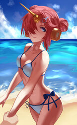  beach bikini blue_bikini blue_bow blue_eyes blue_ribbon blue_sky bow breasts cleavage closed_mouth cloud commentary_request cowboy_shot day double_bun fate/grand_order fate_(series) female frankenstein&#039;s_monster_(fate) frankenstein&#039;s_monster_(swimsuit_saber)_(fate) frankenstein&#039;s_monster_(swimsuit_saber)_(first_ascension)_(fate) hair_bun hair_over_one_eye highres holding_another&#039;s_wrist horns kwi_(kawaiin) looking_at_viewer mechanical_horns ocean outdoors pink_hair ribbon short_hair side-tie_bikini_bottom single_horn sky small_breasts smile standing swimsuit 