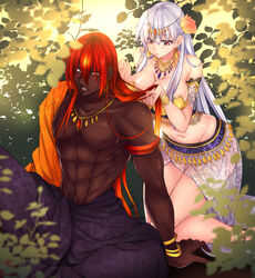  1boy alternate_hair_length alternate_hairstyle anklet ashwatthama_(fate) bare_legs barefoot blush bracelet breasts circlet cleavage commentary_request dark-skinned_male dark_skin earrings fate/grand_order fate_(series) female flower hair_flower hair_ornament hatori_mia highres jewelry kama_(fate) kneeling large_breasts leaf long_hair looking_at_another muscular navel necklace pectorals red_eyes red_hair shiny_skin sitting topless_male white_hair yellow_eyes 