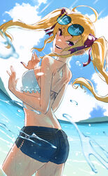  :d absurdres ahoge bare_arms bare_shoulders bikini bikini_top_only blonde_hair blue-tinted_eyewear blue_shorts blush bow breasts cowboy_shot day eden_(edenaldojj) eyewear_on_head female floating_hair hairbow highres long_hair looking_at_viewer medium_breasts nail_polish nijisanji ocean outdoors purple_eyes red_bow red_nails short_shorts shorts shoulder_blades sideboob smile solo standing summer sunglasses swimsuit takamiya_rion tinted_eyewear twintails very_long_hair virtual_youtuber wading white_bikini 