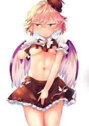  adapted_costume animal_ears bird_ears bird_wings blush breasts brown_headwear brown_skirt closed_mouth cowboy_shot female fingernails frilled_skirt frilled_sleeves frills hair_between_eyes highres jichou_senshi long_fingernails medium_breasts mystia_lorelei nail_polish navel pink_eyes pink_hair puffy_short_sleeves puffy_sleeves purple_nails sharp_fingernails short_hair short_sleeves simple_background skirt solo touhou underboob white_background white_wings winged_hat wings 