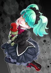  absurdres ankle_bow aqua_hair argyle_background biburi_(precure) black_background black_jacket black_pantyhose black_skirt bow bowtie female full_body gothic_lolita highres jacket kirakira_precure_a_la_mode layered_skirt lolita_fashion long_hair long_sleeves looking_at_viewer miniskirt pantyhose precure red_bow red_bowtie red_footwear sharumon skirt solo stuffed_toy tongue tongue_out twintails yellow_eyes 