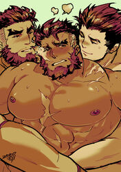  3boys abs bara beard blush boy_sandwich embarrassed eyebrow_cut facial_hair flaming_eye group_sex hephaestus_(housamo) hug hug_from_behind kiduguch large_pectorals love_triangle male_focus mature_male mmm_threesome multiple_boys muscular muscular_male nipples pectorals protagonist_3_(housamo) red_hair sandwiched short_hair talos_(housamo) thick_eyebrows threesome tokyo_afterschool_summoners topless_male upper_body yaoi 