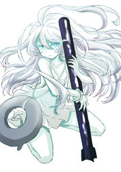  abyssal_ship blue_eyes camisole female fuji_(pixiv24804665) full_body glowing glowing_eyes hair_between_eyes highres holding holding_torpedo kantai_collection long_hair new_submarine_princess pale_skin shaded_face simple_background solo spaghetti_strap torpedo white_background white_camisole white_hair 