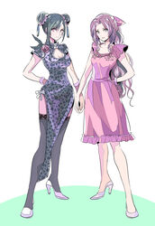  2girls absurdres aerith_gainsborough aerith_gainsborough_(basic_pink_dress) animal_print black_hair bow bracelet breasts brown_hair china_dress chinese_clothes cleavage_cutout clothing_cutout corsage double_bun dress final_fantasy final_fantasy_vii final_fantasy_vii_remake fishnets hair_bun hair_ornament hairbow high_heels highres holding_hands jewelry leopard_print multiple_girls official_alternate_costume pink_dress shoji_sakura smile thighhighs tifa_lockhart tifa_lockhart_(sporty_dress) 