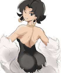  ass betty_boop betty_boop_(series) black_dress black_eyes black_hair breasts coat dress earrings eyebrows female fur_coat gold_necklace highres hoop_earrings jewelry looking_at_viewer looking_back medium_breasts messy_hair necklace one_eye_closed rakeemspoon short_hair smile solo teeth white_fur 