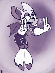  3:4 ahe_gao anthro bat breasts breath cleavage clothed clothing female gesture hand_gesture heart_eyes heart_symbol hi_res looking_pleasured mammal monochrome panting roger_bacon rouge_the_bat sega solo sonic_the_hedgehog_(series) tongue tongue_out v_sign wings 