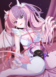  absurdres ahoge asymmetrical_legwear bell belt between_thighs black_nails breasts bubi_(ironmouse) chest_belt choker demon_horns demon_tail demon_wings dress female hair_ornament head_wings heart heart_ahoge heart_hair_ornament highres horns ironmouse ironmouse_(demon_form) jingle_bell large_breasts long_hair looking_at_viewer low_wings multicolored_hair multiple_wings nail_polish o-ring o-ring_choker oerba_yun_fang open_mouth pink_belt pink_choker pink_hair pink_skirt pink_thighhighs purple_eyes purple_hair skin_fang skirt smile streaked_hair surisuririsu tail thighhighs twintails virtual_youtuber vshojo white_dress white_thighhighs white_wrist_cuffs wings wrist_cuffs 