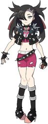  aged_up aqua_eyes black_choker black_gloves black_hair black_vest boots bracelet choker closed_mouth commentary_request female fingerless_gloves full_body gloves hair_over_one_eye hair_ribbon highres holding holding_poke_ball jewelry long_hair marnie_(pokemon) pigeon-toed pink_shorts poke_ball poke_ball_(basic) pokemon pokemon_swsh ribbon sgrimp shorts simple_background solo spiked_belt spiked_bracelet spikes standing studded_footwear studded_vest torn_clothes twintails vest white_background 