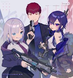  1boy 2girls apex_legends b3_wingman black_jacket black_skirt blue_eyes blue_hair blue_shirt c.a.r._smg collared_shirt cpt_(crazy_raccoon) crazy_raccoon gun hair_behind_ear highres holding holding_gun holding_weapon hood hoodie ichinose_uruha jacket jiro_(regoied) kaga_sumire light_machine_gun lupinus_virtual_games m600_spitfire multicolored_hair multiple_girls necktie off_shoulder purple_eyes purple_hoodie purple_necktie red_eyes red_hair shirt skirt streaked_hair submachine_gun tongue tongue_out virtual_youtuber vspo! weapon white_shirt 