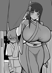  1boy age_difference blush breasts closed_mouth commentary_request curvy female flower greyscale hair_flower hair_ornament hanabi_(ocha) highres huge_breasts japanese_clothes kimono long_hair mature_female monochrome obi onee-shota original paid_reward_available sash sidelocks straight sweat wide_sleeves 