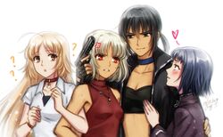  428:_fuusa_sareta_shibuya_de 4girls ? ahoge alphard_(canaan) black_eyes black_gloves black_hair black_jacket blonde_hair blue_choker blue_hair breasts brown_eyes canaan_(character) canaan_(series) choker cleavage clenched_teeth closed_mouth collarbone collared_shirt crop_top fingerless_gloves floating_hair gloves gun handgun holding holding_gun holding_weapon jacket jewelry kay-i liang_qi locked_arms long_hair midriff multiple_girls necklace oosawa_maria open_clothes open_jacket open_mouth purple_jacket red_eyes red_shirt shirt short_hair short_sleeves simple_background sleeveless sleeveless_shirt small_breasts smile smug sweatdrop teeth upper_body very_long_hair watch weapon white_background white_hair white_shirt wing_collar wristwatch yuri 