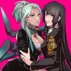  2girls arachne_(housamo) arthropod_girl arthropod_limbs asymmetrical_hair black_hair breasts cleavage dark-skinned_female dark_skin earrings extra_eyes frills gloves hand_on_another&#039;s_face jewelry large_breasts long_hair long_sleeves multiple_girls open_mouth pink_background pointy_ears ponytail protagonist_2_(housamo) ribbon simple_background spider_girl tokyo_afterschool_summoners zaoanjisi 