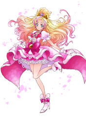  blonde_hair blush bow bowtie cure_flora dress earrings female floating_hair full_body gloves go!_princess_precure gradient_hair green_eyes hair_ornament haruno_haruka high_heels highres jewelry layered_dress long_hair looking_at_viewer multicolored_hair necklace pink_dress pink_hair precure red_bow red_bowtie sharumon short_sleeves solo standing standing_on_one_leg tied_hair very_long_hair white_background white_footwear white_gloves 