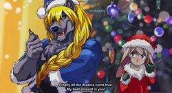  ahriman_(artist) blue_eyes blush canid canine canis christmas christmas_tree claws clothed clothing crossdressing duo electronics english_text fangs hare hi_res holidays lagomorph leporid mammal microphone open_mouth plant soyuzmultfilm teeth text tree volk_(wjyw) well_just_you_wait! wolf zayats_(wjyw) 