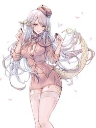  au_ra blue_hair breasts buttons cleavage dragon_girl dragon_horns dragon_tail falling_petals feet_out_of_frame female final_fantasy final_fantasy_xiv glint gradient_hair hands_up hat heart heterochromia highres holding holding_stethoscope horns jewelry legs_together long_hair looking_at_viewer mokokoiro multicolored_hair nail_polish navel nurse nurse_cap parted_lips partially_unbuttoned pencil_skirt pendant petals pink_eyes pink_hair pink_hat pink_nails pink_shirt pink_skirt scales shirt simple_background skirt smile solo standing stethoscope swept_bangs tail thighhighs warrior_of_light_(ff14) white_background white_thighhighs yellow_eyes 