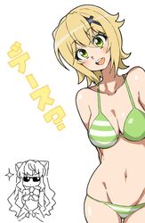  2girls akatsuki_kirika bikini blonde_hair blush breasts cleavage green_eyes hair_ornament highres looking_at_viewer maria_cadenzavna_eve medium_breasts multiple_girls navel open_mouth senki_zesshou_symphogear shiny_skin short_hair simple_background skindentation smile solo_focus standing striped_bikini striped_clothes sunglasses swimsuit taniya teeth vertical_stripes white_background x_hair_ornament 