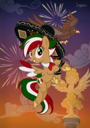  accipitrid accipitriform ambiguous_gender angel_de_la_independencia avian bird chains clothing cloud cloudy_sky duo eagle equid equine fan_character female fireworks friendship_is_magic green_hair hair hasbro hat headgear headwear hi_res horse mammal mexican mexican_flag mexico multicolored_hair my_little_pony mythological_creature mythological_equine mythology pegasus pony red_hair shungire sky sombrero wings 