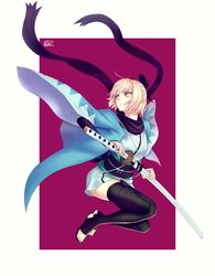  2dswirl blue_coat coat commission fate/grand_order fate_(series) female full_body haori highres japanese_clothes kimono okita_souji_(fate) okita_souji_(koha-ace) scabbard scarf sheath short_kimono sword thighhighs thighs toes weapon yellow_eyes 