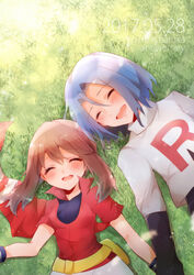  1boy ^_^ anniversary belt black_gloves blue_hair blush brown_hair character_name closed_eyes commentary_request dated day female flower from_above gloves grass hair_between_eyes highres holding_hands james_(pokemon) lying may_(pokemon) on_back on_grass open_mouth outdoors pokemon pokemon_(anime) red_shirt shirt short_sleeves smile team_rocket team_rocket_uniform turtleneck unworn_bandana upper_body white_shirt yutsuchi 