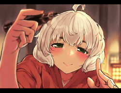  ahoge blush commentary_request female green_eyes highres holding holding_marker japanese_clothes kimono letterboxed long_sleeves looking_at_viewer marker michikusaya poco_(backboa) short_hair smile solo suzushiro_(michikusaya) white_hair wide_sleeves 