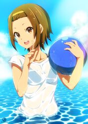  :d ball bangs_pinned_back beachball bikini bikini_under_clothes black_bikini blue_sky brown_eyes brown_hair collarbone commentary day female forehead hairband highres holding holding_ball index_finger_raised k-on! nyanmaru_(ememing) ocean open_mouth outdoors partially_submerged round_teeth see-through short_hair short_sleeves signature sky smile solo swimsuit tainaka_ritsu teeth transparent upper_body upper_teeth_only water yellow_hairband 