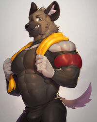  4:5 abs absurd_res aggretsuko anthro big_biceps big_ears bodily_fluids bottomwear brown_body brown_fur bulge clothing fur grey_body grey_fur haida_(aggretsuko) hi_res hyena looking_at_viewer male mammal muscular muscular_male pecs raised_tail sanrio shorts side_view solo spots spotted_hyena suit sweat tail tight_clothing towel towel_around_neck underbite vorusuarts 