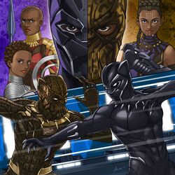  2boys 3girls animal_ears animification azusa_tanaka battle beard black_hair black_panther black_panther_(film) black_panther_(marvel) bodysuit breasts cat_ears claws commentary_request dark-skinned_male dark_skin duel facial_hair fighting holding holding_jewelry holding_necklace jewelry killmonger marvel marvel_cinematic_universe medium_breasts multiple_boys multiple_girls nakia_(marvel) necklace okoye shuri_(marvel) superhero_costume t&#039;challa very_dark_skin 