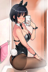  animal_ears ass bare_shoulders bathroom black_eyes black_hair black_leotard blush breasts cellphone coin_rand detached_collar fake_animal_ears female hairband highleg highleg_leotard highres holding holding_phone indoors leotard light_smile looking_at_viewer medium_breasts original pantyhose phone playboy_bunny rabbit_ears rabbit_tail selfie short_hair sitting solo tail 