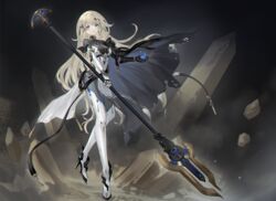  absurdres asukayou black_cape blonde_hair blue_eyes bodysuit cape commentary_request crystal ear_piercing earrings female full_body high_heels highres holding holding_polearm holding_weapon jewelry long_hair looking_at_viewer mecha_musume original partial_commentary pelvic_curtain piercing polearm prosthesis prosthetic_arm science_fiction skin_tight solo stud_earrings very_long_hair weapon 