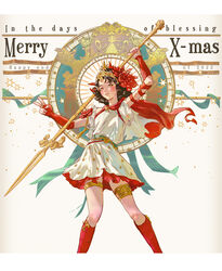  absurdres brown_hair christmas dress english_text female gloves hair_ornament highres holding holding_polearm holding_weapon kooka2 looking_at_viewer medium_hair original polearm red_gloves red_socks socks spear weapon yellow_eyes 