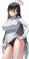  black_hair blue_archive blunt_bangs blush breasts covered_nipples female hair_ornament hairclip halo highres large_breasts long_hair looking_at_viewer panties parted_lips red_eyes rio_(blue_archive) solo sweater thighs turtleneck underwear very_long_hair white_background white_sweater yj_(yojo_san) 