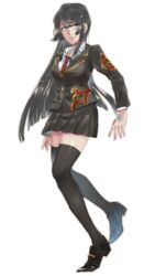  black_hair closed_mouth female full_body grey_eyes hand_tattoo highres leggings long_hair long_sleeves necktie protagonist_2_(housamo) red_necktie school_uniform shirt simple_background skirt smile solo standing standing_on_one_leg tattoo thighhighs tokyo_afterschool_summoners white_background zaoanjisi 