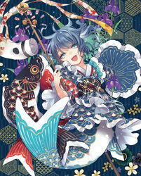  :d alternate_costume blue_eyes blue_hair chrysanthemum_print commentary_request dianthus drill_hair drill_sidelocks female fins floating_hair floral_background floral_print flower full_body hand_up head_fins head_tilt highres holding holding_stick iris_(flower) kanoko_(pattern) kikkoumon kikumon koinobori looking_at_viewer mermaid monster_girl open_mouth purple_flower sakuramon seigaiha shippou_(pattern) short_hair sidelocks smile solo sparkle stick touhou toutenkou uroko_(pattern) wakasagihime wide_sleeves windsock 