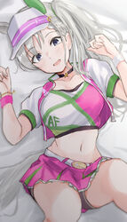  absurdres animal_ears belt bike_shorts_under_skirt blue_eyes breasts commentary_request cosplay crop_top ear_covers female grey_hair highres hisakawa_hayate horse_ears horse_girl idolmaster idolmaster_cinderella_girls idolmaster_cinderella_girls_starlight_stage ines_fujin_(umamusume) ines_fujin_(umamusume)_(cosplay) large_breasts long_hair looking_at_viewer lying midriff nagae_rika navel on_back pink_skirt purple_eyes side_ponytail single_ear_cover skirt solo umamusume unu_(unucence) visor_cap voice_actor_connection white_belt 