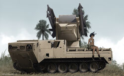  artist_name bikini black_hair boots breasts brown_footwear camouflage camouflage_shorts caterpillar_tracks cleavage dated dead-robot female grass looking_at_viewer military military_vehicle mim-72_chaparral missile missile_pod original outdoors palm_tree short_hair shorts sitting solo swimsuit tree twitter_username vehicle_focus watermark white_bikini 