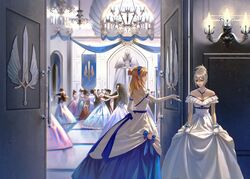  6+boys 6+girls arm_behind_back arms_at_sides ballroom banner bare_shoulders beckoning black_hair blue_bow blue_eyes blue_ribbon blurry bow braid breasts chandelier cleavage clothes_grab commentary crowd dancing depth_of_field dress elbow_gloves english_commentary faceless faceless_female faceless_male frilled_dress frills gloves gown grey_hair hair_between_eyes hair_bun hairband half_updo highres houraisan_chouko indoors jewelry lamp league_of_legends long_hair looking_at_another lux_(league_of_legends) medium_hair motion_blur multiple_boys multiple_girls necklace nervous off-shoulder_dress off_shoulder open_door open_mouth outstretched_arm pendant ponytail ribbon riven_(league_of_legends) sash short_hair sidelocks single_hair_bun smile standing statue strapless strapless_dress sweatdrop sword waltz_(dance) weapon white_bow white_dress white_gloves winged_sword yellow_eyes 