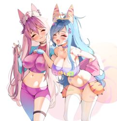  2girls animal_ears bandages bare_shoulders beyumi blue_hair blush breasts choker cleavage closed_eyes clothing_cutout colorful crop_top ear_piercing fingerless_gloves gloves halo hand_on_own_chest large_breasts leaning_forward multiple_girls navel navel_cutout original piercing pink_hair playing_with_own_hair short_shorts shorts sleeveless smile tail thigh_strap thighhighs thighs white_thighhighs 